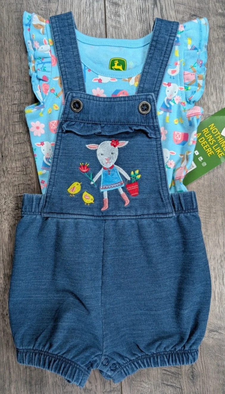 Baby Girl Clothes New John Deere 3-6 Month 2pc Sheep Cow Shortalls Outfit