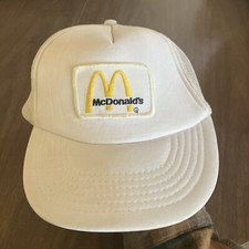 Vintage 80s McDonalds Logo Patch Foam Mesh Trucker Hat Snap Back Cap White Food