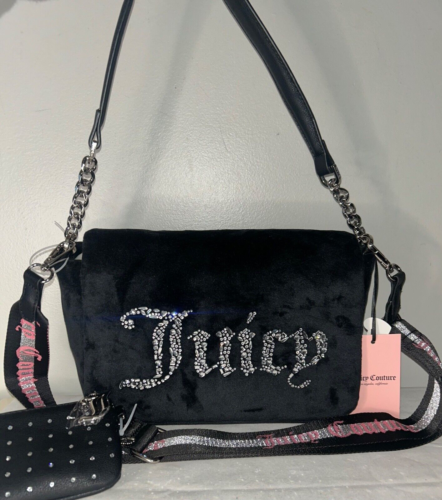 NEW! NWT JUICY COUTURE Velour All That Glitter Flap Crossbody Bag Black