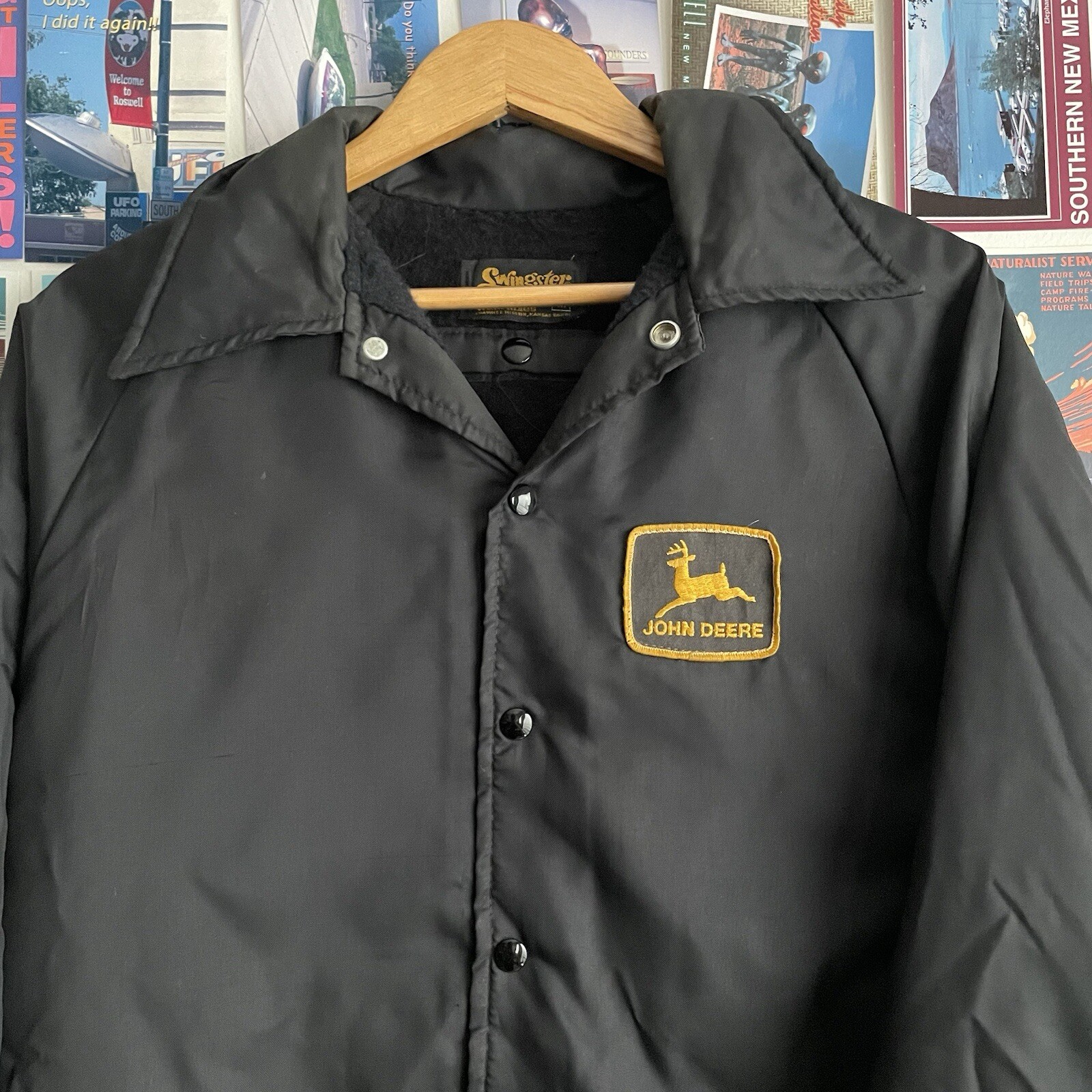 Vintage 70s John Deere Black Satin Sherpa Coach Jacket for Men Size Medium