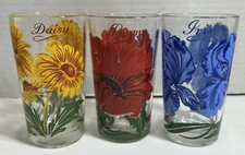 VTG 5" Boscul Peanut Butter Glasses Iris, Daisy, and Poppy Lot of 3
