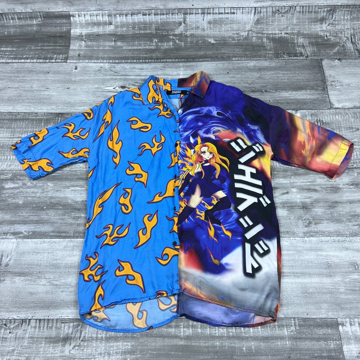 Jaded London Shirt Small Mens Blue Button Up Anime Flame