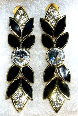 STUNNING VTG BIJOUX DESIGN NEW YORK CLIP ON EARRINGS BLACK ENAMEL & RHINESTONE