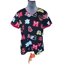 Disney Minnie Mouse Womens Scrub Top L Black Red Cartoon Print Cotton Blend V-Ne