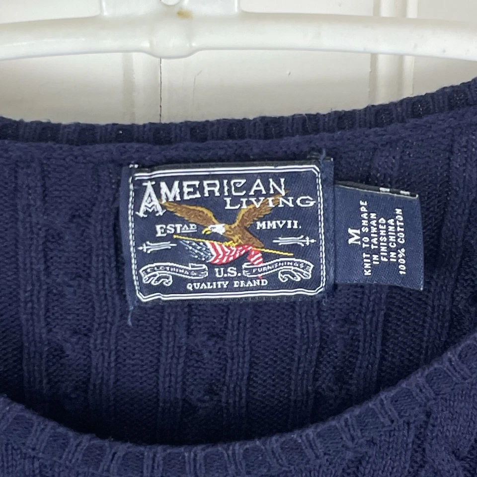 Suéter Pullover American Living 100% Algodón Azul Marino Tejido con Cable Manga Larga M Foto 4 de 4