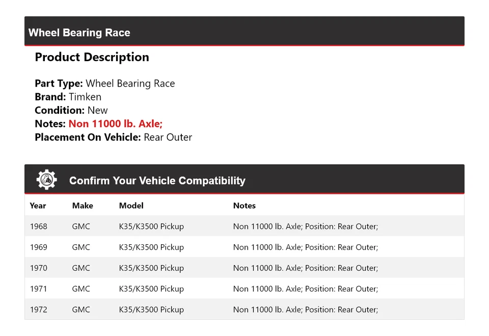 Cojinete de rueda trasero exterior Timken 1969 para camioneta GMC K35/K3500 1968-1972 Foto 2 de 4