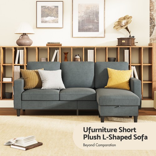 Ufurniture 3 Seaters Sofa L-Shaped Lounge Couch with Storage Ottoman Grey - Picture 3 of 8