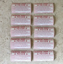 Lot of 10 Vintage Unused Medicine Label Chloroform Liniment U.S.P Poison