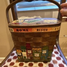 Vintage 1970 s Caro Nan Signed Hand Painted Woven Basket Purse Chicago Themed