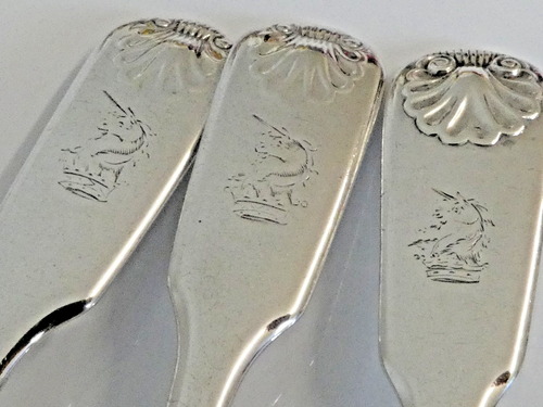 SET SIX EARLY VICTORIAN STERLING SILVER SHELL FIDDLE PATTERN UNICORN CREST 1838 - Picture 8 of 17