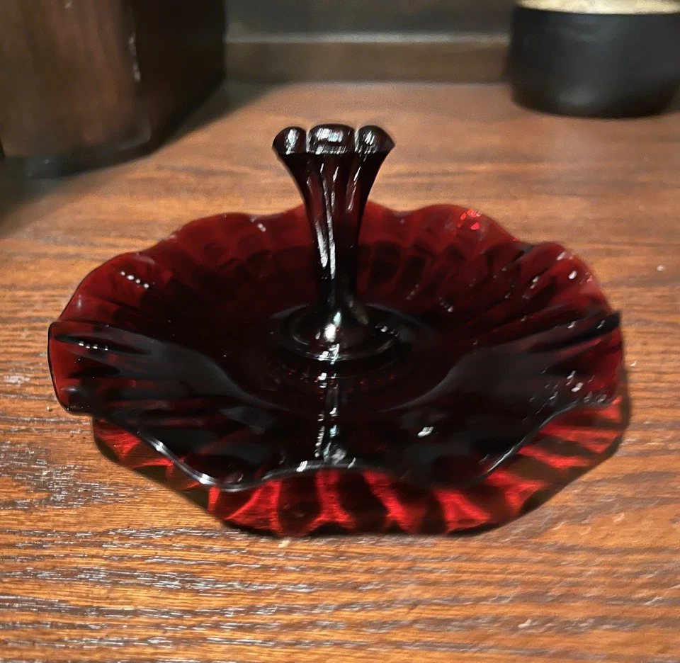 Vintage Anchor Hocking Glass Tidbit Tray Royal Ruby Red Center Handled Plate - Image 3 of 4