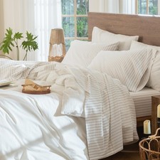 Striped Sheet Set 100 Washed Cotton Linen Like Textured Breathable Durable S...