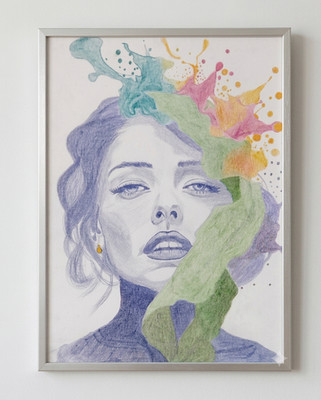 Original Pencil Portrait Painting Woman Abstract Color Splash Framed Fine Art