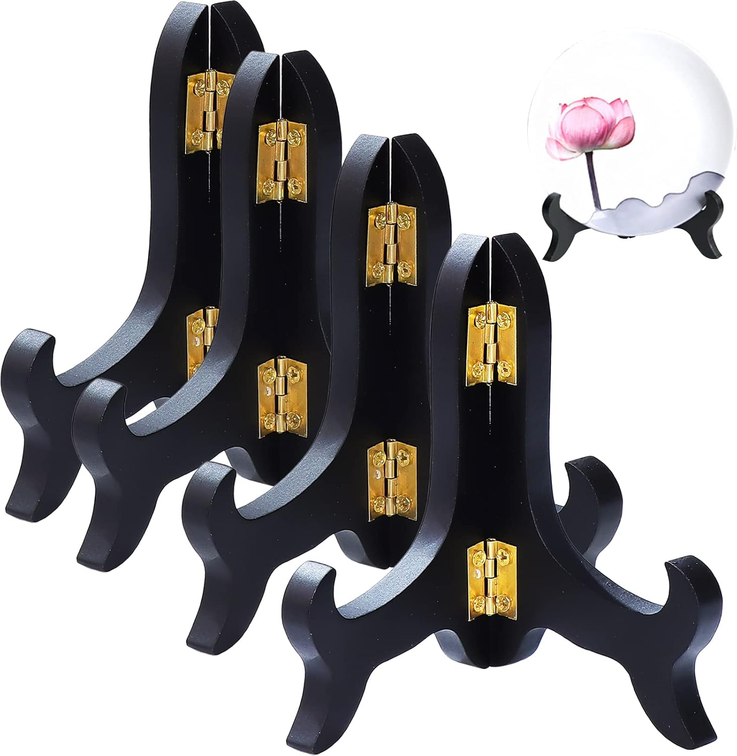 4-Piece Black Wooden Easel Set with Mahogany Finish for Displaying Plates and Pictures-image