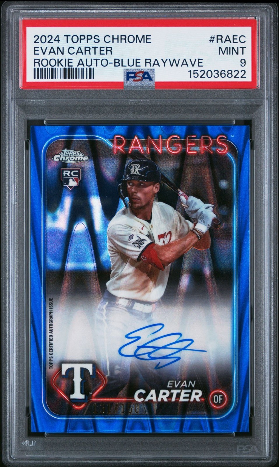 2024 Topps Chrome Rookie Auto #RA-EC Evan Carter Blue RayWave /150 RC PSA 9 MINT