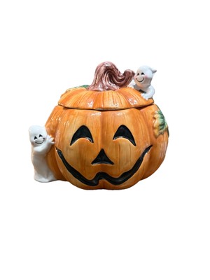 Blue Sky Halloween Pumpkin And Ghost Cookie Jar Good Conditon