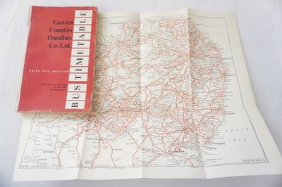 1960 Eastern Counties Busfahrplan mit Karte Yarmouth Ely Cromer Perterborough