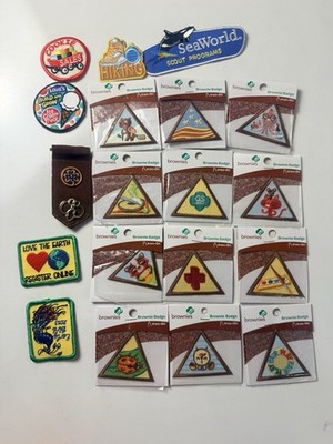 Girl Scout GS  Brownies ~ Lot Of 19 Patches Badges Pins - Some Still In Package