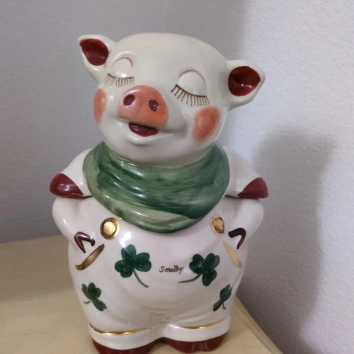 VINTAGE SHAWNEE GOLD SHAMROCK SMILEY PIG COOKIE JAR (slightly chipped bottom)