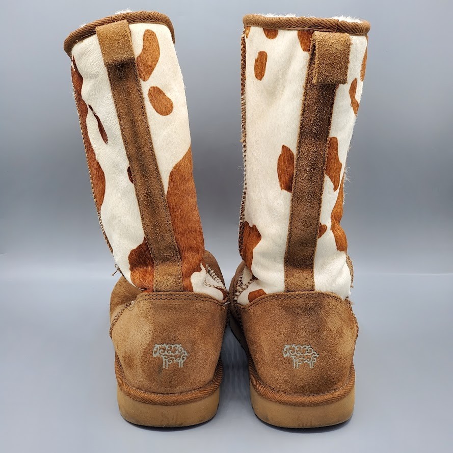 Superlamb Cow Print Sheepskin Boots Women’s Size 8B Brown White Calf Hair