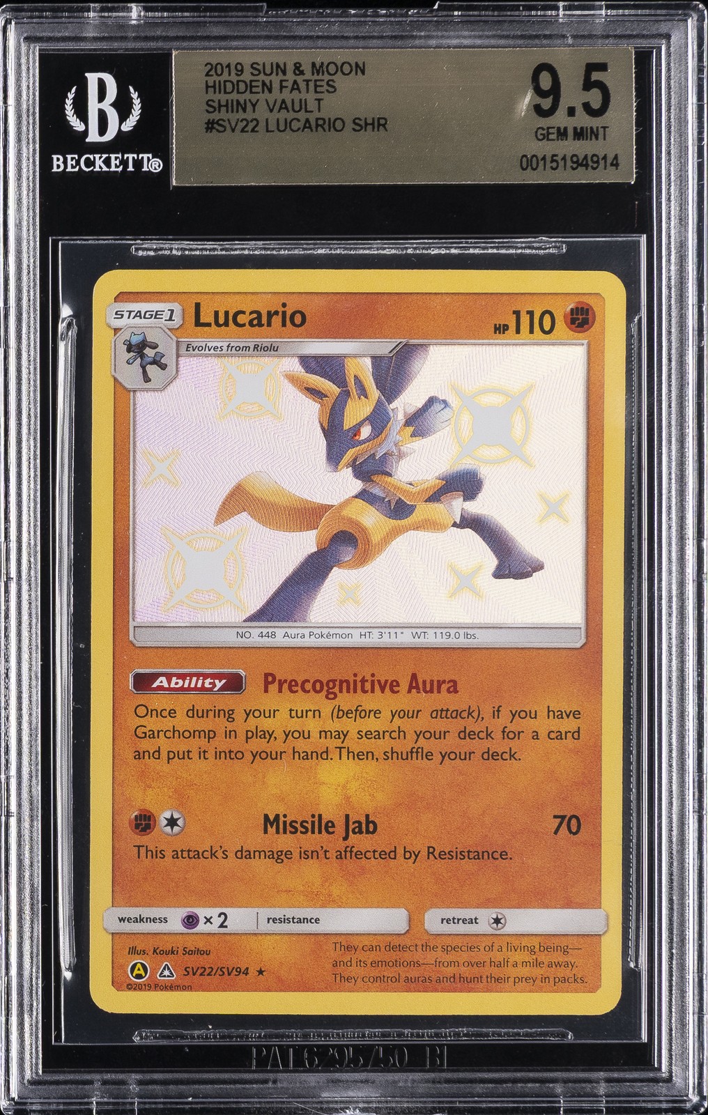 2019 POKEMON HIDDEN FATES SUN & MOON SHINY VAULT #SV22 LUCARIO BGS 9.5