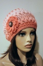 crochet handmade womans flower hat beanie sea coral ombre orange puffs USA