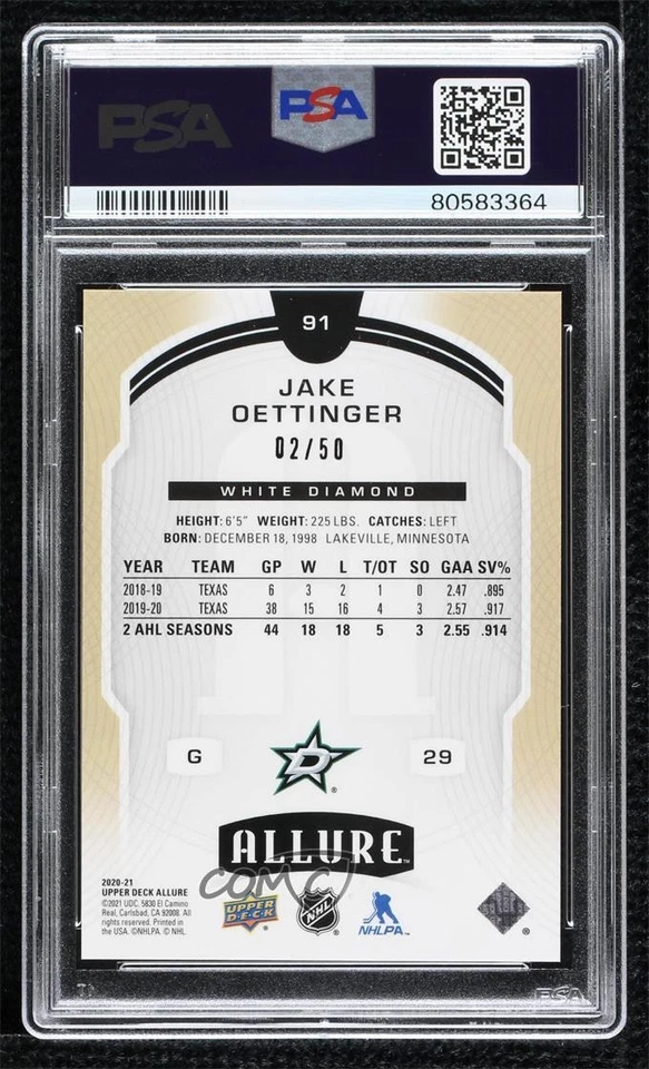 2020 Upper Deck Allure White Diamond /50 Jake Oettinger #91 PSA 9 MINT Rookie RC - Image 2 of 2