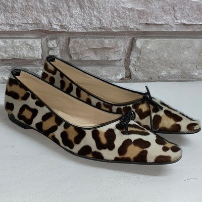Emma Hope Leopard Calf Hair Pointed Toe Ballet Flats Bow Accent Size 37.5 Italy