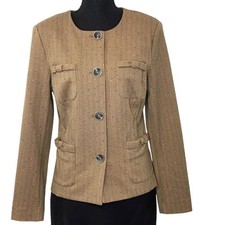 New Cabi Womens' Penny Blazer Tan Flecked Herringbone Cotton Blend Academia Med