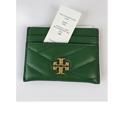 Tory Burch Kira Chevron Card Case Arugula Green Leather Quilted 56815 Brass Logo