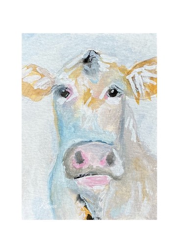 Aceo Original By Kenna Painting HP Cow 2.5” X 3.5” ÀTC Signed