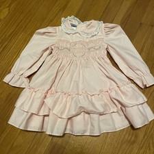 Vintage Polly Flinders Girl 4T Pink Tiered Smocked Long Sleeve Cottage Dress