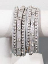 Boho Western Gray Leather Rhinestone Stud Wrap Bracelet 6.5-7 in