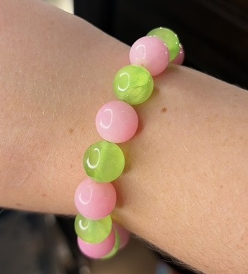 Beaded Stretch Bracelet- Round Pink And Green Beads