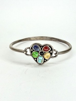 Barse Sterling Silver Multicolor Stone Flower Heart Bangle Bracelet