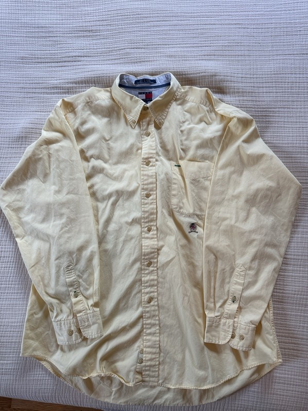 Tommy Hilfiger Men's XL Yellow Solid Cotton Woven Button-Down Shirt Pockets 90s