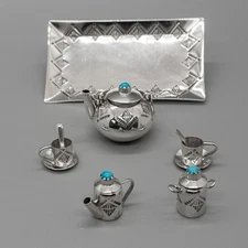 TEN PIECE MINIATURE TEA SET STERLING with TURQUOISE by WESLEY WHITMAN–NAVAJO