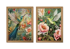 Framed 3D Textured Colorful Wall Art Set of 2 - Hummingbird Aesthetic Paintin...