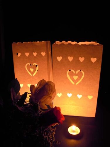 50 Heart White Candle Bag Light Wedding Romantic Night Outdoor Deck Pool Patio - Photo 1/8