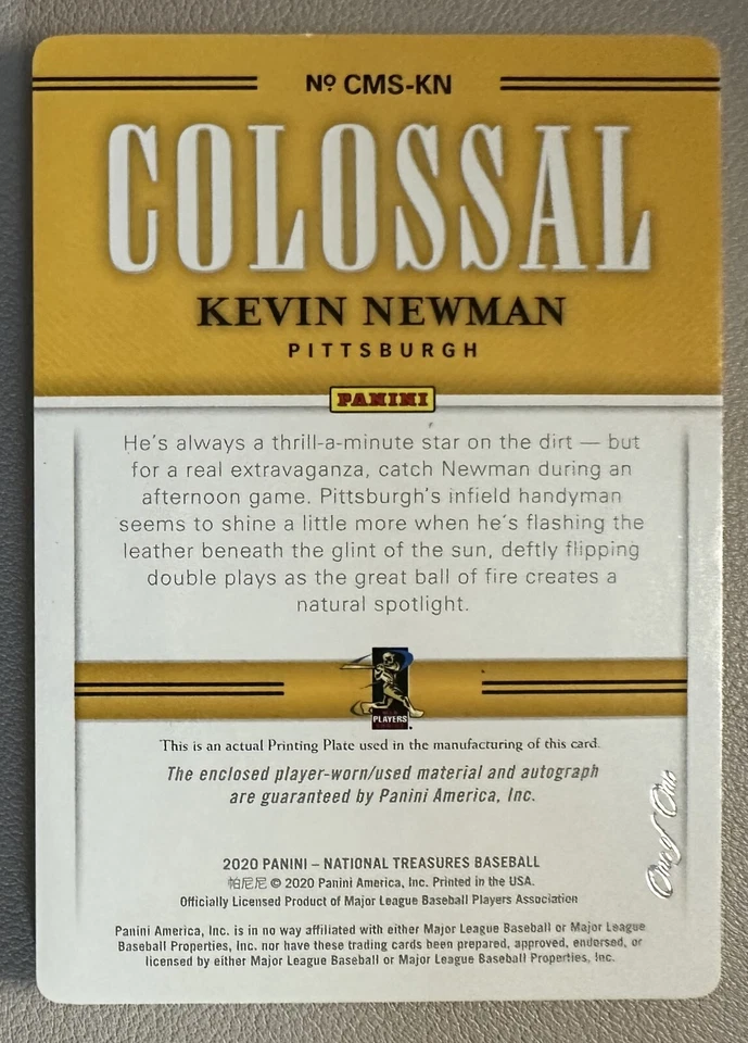 2021 NATIONAL TREASURES KEVIN NEWMAN PRINTING PLATES #1/1 AUTO PATCH PIRATES - Изображение 2 из 3