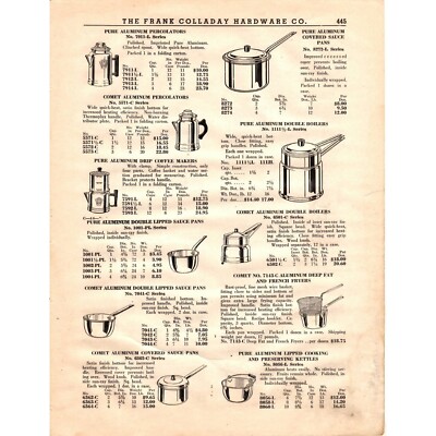 The Frank Colladay Hardware Pg 445-446 Comet Aluminum Pans Percolator VTG 1930's