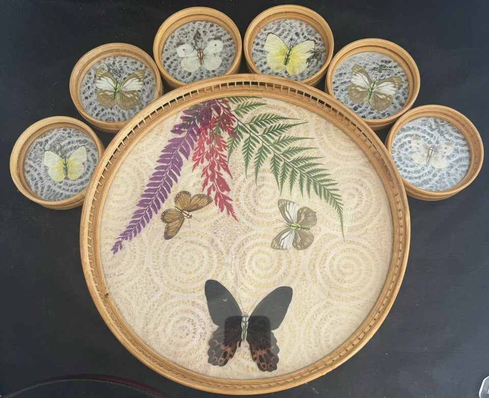 Wooden Bamboo 11”round Serving Tray & 6 Coasters Embossed with Butterflies - Image 3 of 4