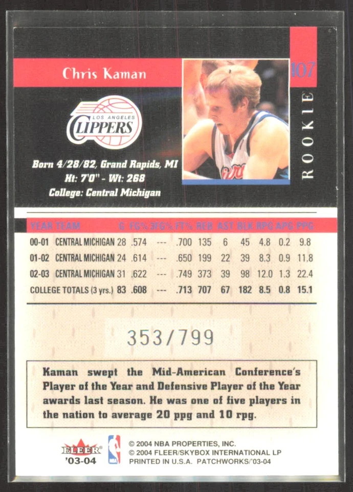 2003-04 Fleer Patchworks Chris Kaman Rookie /799 #107 - Image 2 of 2