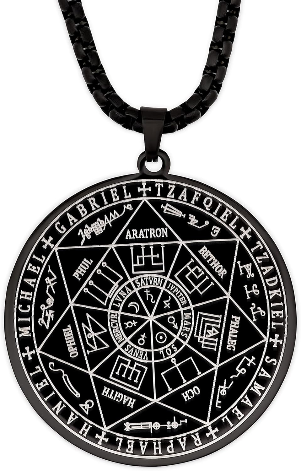 Black Plated Stainless Steel Seal of the Seven Archangels Medallion Pendant Neck