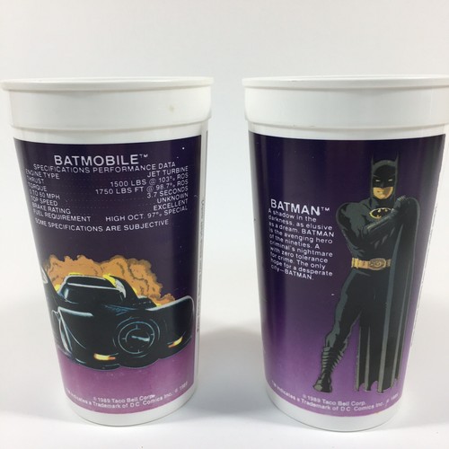 Vintage 1989 Batman Taco Bell Plastic Cups, Lot of 2 Batman, Batmobile - Picture 2 of 10