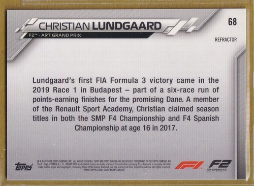 2020 Topps Chrome Formula 1 Refractors #68 Christian Lundgaard / F2 Cars - Photo 2 sur 2