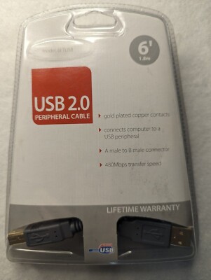 New USB 2.0 Peripheral Cable 6 Feet 1.8m, Grey