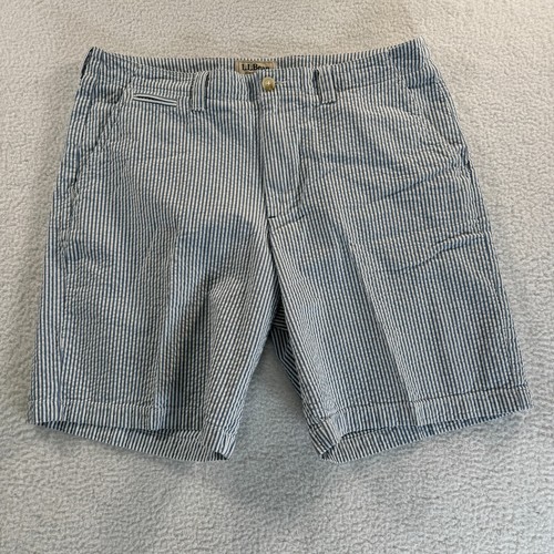 LL Bean Shorts Mens 38 Blue White Striped Seersucker Flat Front 9.5
