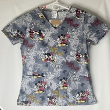 Disney Kissing Mickey  Minnie Womens XS Gray Scrub Top Short Sleeve Pockets