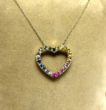 CUTE 10K YELLOW GOLD 19" NECKLACE W/ RAINBOW GEMSTONE HEART PENDANT